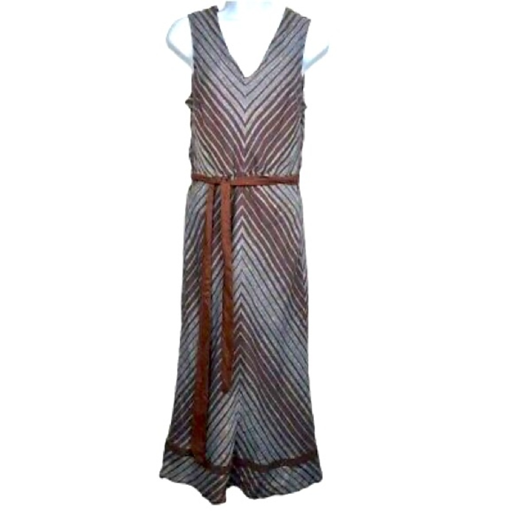 Anthropologie Sundance Allende V-Neck Striped Tie Waist Linen Midi Dress